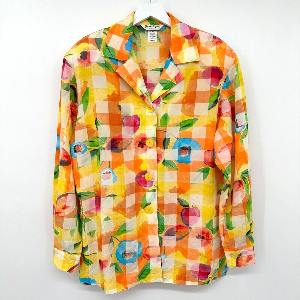 Vintage Sharon Young Top Shirt Size Small Shoulder‎ Pads Wearable Art USA Blouse